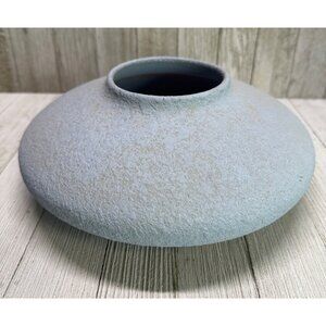 Vtg MCM Textured Blue Gray Tinted Pottery Vase Home Decor Signature 9.5" DIA